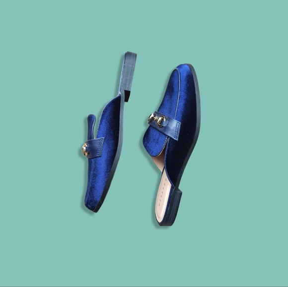 Velvet Slip on Mule Flats Loafer Slide with Gold Horsebit, Navy Blue - Picture 5 of 6